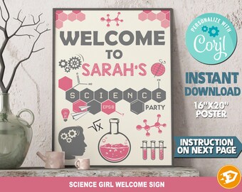 Science girl Party Birthday Welcome Sign Poster "SCIENCE PRINTABLE Birthday Sign" - Digital Science girl Birthday, Instant Download