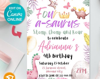 Five-A-Saurus Birthday Invitation - Girl Dinosaur 5th Birthday Digital Invite,  Dinosaur Birthday, Dinosaur Party Invite, Instant Download