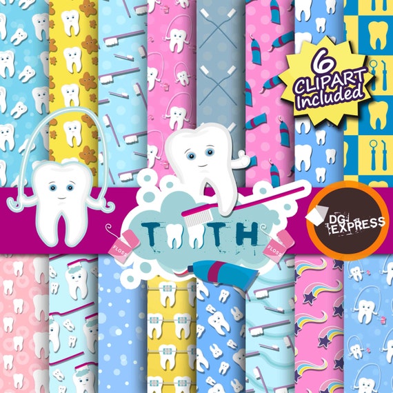 SALE Tooth Digital Paper - Tooth Scrapbook, Tooth Clipart, Teeth, Dentist Clipart, Diente Clipart, Invitation, Dental Toothbrush Il_570xn