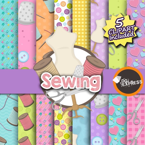Sewing Digital Paper + Clipart : "Sewing Digital Paper"- Sewing Party Invitation, Sewing Birthday Invitation, Sewing party Il_570xn