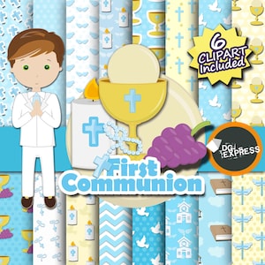 SALE First Communion Digital Paper + Clipart - Boy : "First Communion Paper" -Christian Clipart, Christening Invitation, Religious