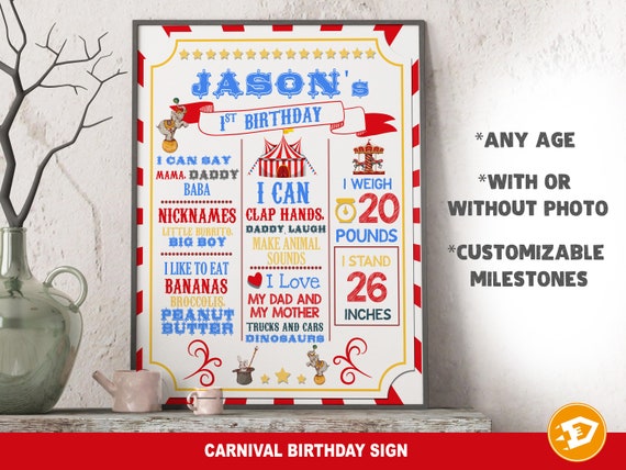Carnival Circus First Birthday Sign, Any Age, Carnival Birthday sign, Carnival First Birthday Sign Stats, Birthday Board Il_570xn