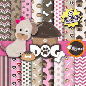 Dog Clipart + Digital Paper - Pink : "Dog Digital Paper" - Puppy Clipart, Dog Invite, Animal Clipart, Dog Paw, Animal print, Doghouse, Bone