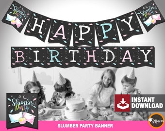 Slumber Party Birthday Banner - "SLEEPOVER PRINTABLE BIRTHDAY Banner",Chalkboard Digital Slumber Bunting Girl, Instant Download Pajama Party