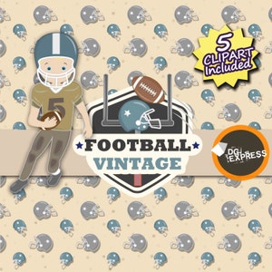 Vintage Football Digital Paper Clipart : Football Paper Football Clipart, FootballBirthday Invitation, Treasure Printable, Ball, player image 3