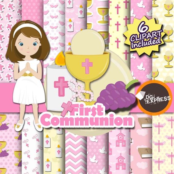 First Communion Clipart + Digital Paper - Girl : "First Communion Paper" -Christian Clipart, Christening Invitation, Religious Clipart Il_570xn