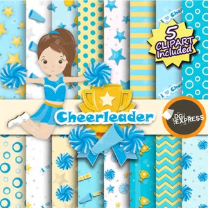 SALE Blue Cheerleader Digital Paper Clipart : Cheerleader PaperCheerleader Clipart, Birthday Invitation, Pom Pom Printable, megaphone image 1