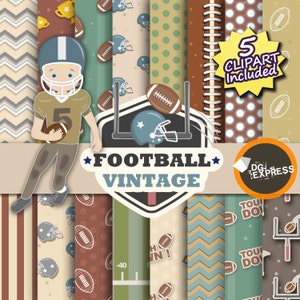 Vintage Football Digital Paper Clipart : Football Paper Football Clipart, FootballBirthday Invitation, Treasure Printable, Ball, player image 1