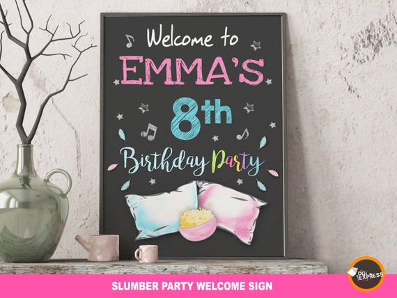 Slumber party Birthday Welcome Sign "SLUMBER PARTY PRINTABLE Birthday Sign" - Digital Chalkboard Unicorn Birthday Party Board Il_570xn