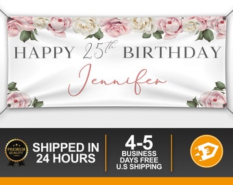 Floral Birthday Banner, White Blush Woman Happy Birthday Watercolor Flowers Party Decor, 18th 20th 21st 25th 30th 40th, Backdrop Outdoor