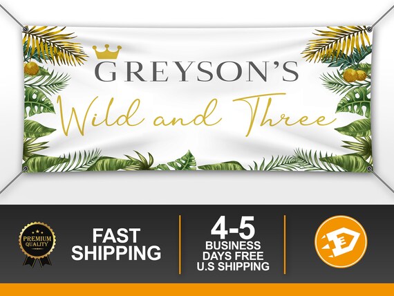 Wild and Three Birthday Banner Boy Girl, 3rd Birthday Party Decoration, Jungle Cake Table Vinyl Decor, Wild One Backdrop, Birthday Boy Il_570xn