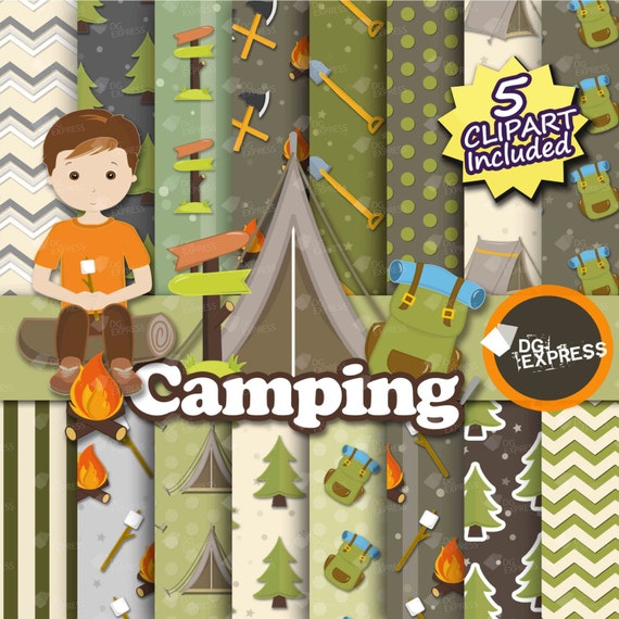 Camping Digital Paper + Clipart : "Camping Digital Paper" - Camping Clipart, Camping Invite, Camping Clipart, Camping tent Il_570xn