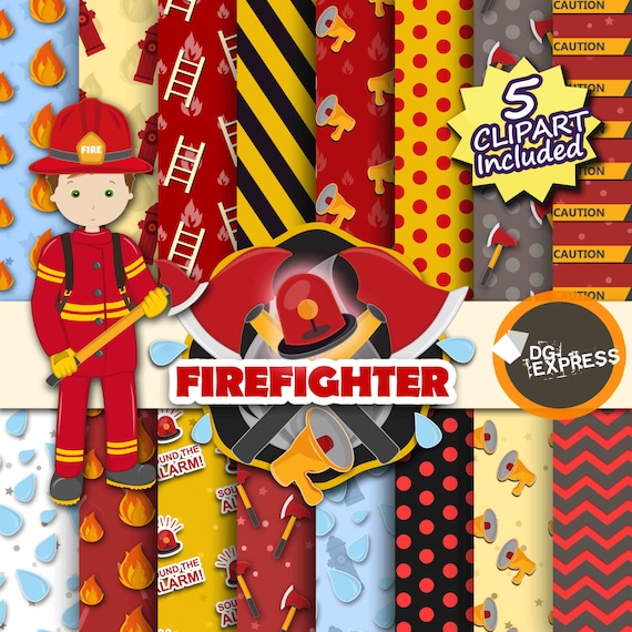 SALE Firefighter Digital Paper + Clipart : "Fireman Digital Paper"- Career Clipart, Fireman Birthday, Fire fighter Job, Fire truck Il_570xn