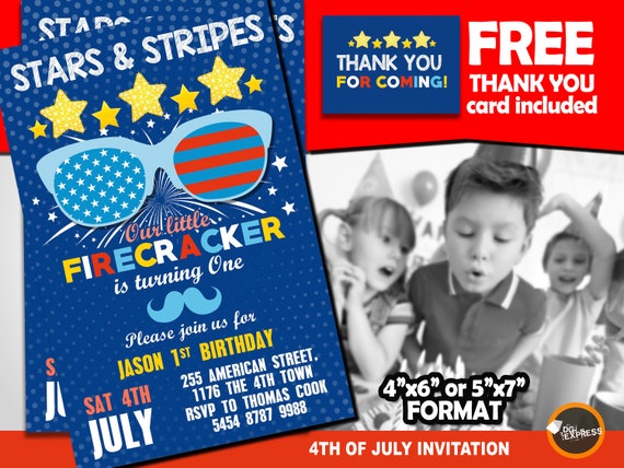 4th July Birthday Invitation "MEMORIAL DAY BIRTHDAY Invitation" - Digital Firecracker First Invite, Printable July Invite, Patriotic Stars Il_570xn