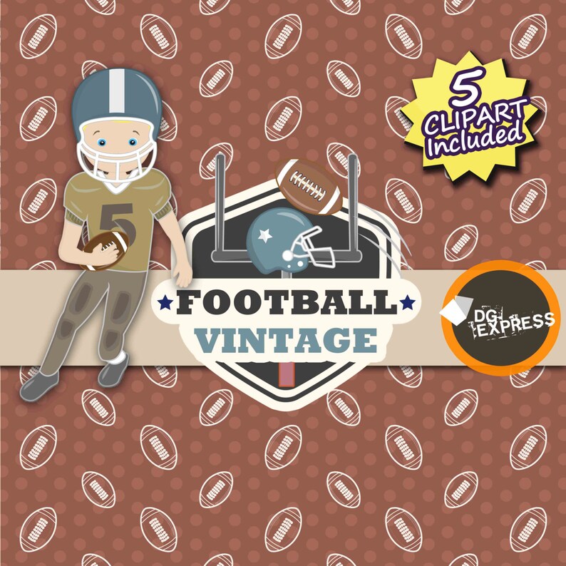Vintage Football Digital Paper Clipart : Football Paper Football Clipart, FootballBirthday Invitation, Treasure Printable, Ball, player image 4