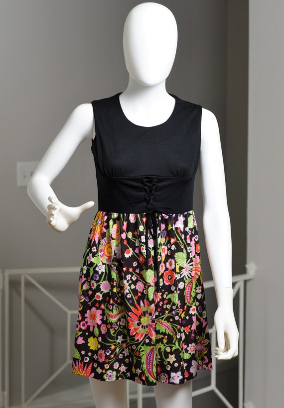 Mod True Vintage Lace Up Mini Dress 1960s Bright … - image 4