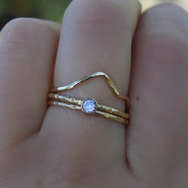 Mountain Ring, Rose Quartz, Stacking Rings, Set of Three, Gold Filled, Gift for Her, Dainty, Minimalist Ring