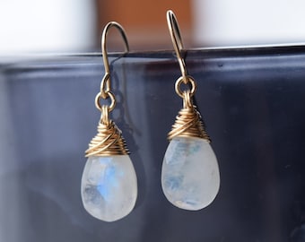 Moonstone Earrings, Wire Wrapped, Gold Filled, Dangle Drops, Dainty, Gift for Her, Genuine Gemstone