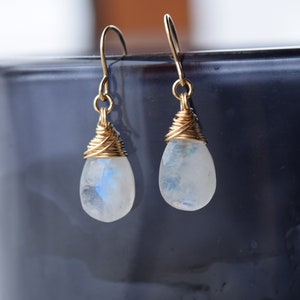 Moonstone Earrings, Wire Wrapped, Gold Filled, Dangle Drops, Dainty, Gift for Her, Genuine Gemstone