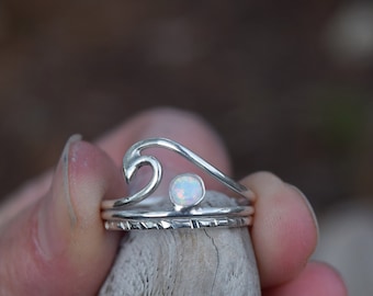 Hammered Sterling Silver Wave Ring with White Opal
