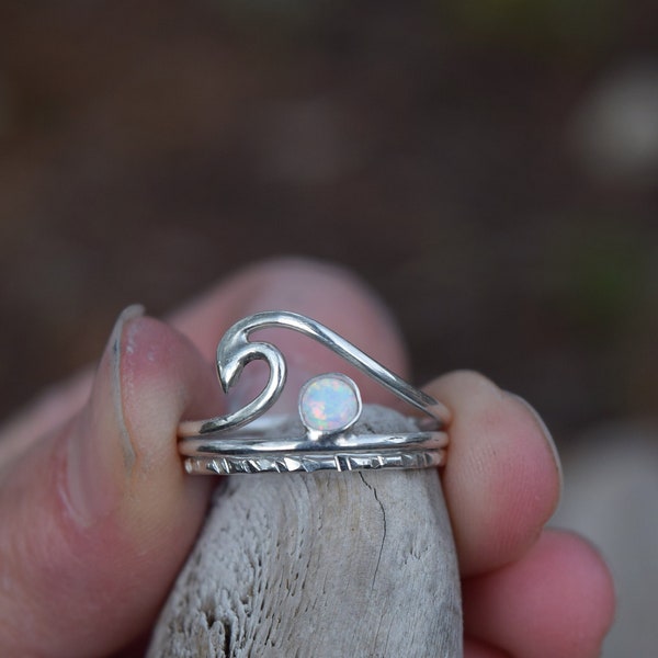 Ocean Ring, Wave Rings, White Opal, Hammered Silver, Nature Inspired, Gift for Her, Minimalist, Choose Your Stone