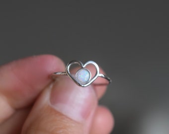 Silver Heart Ring, Fire Opal, Anniversary Gifts, Gift for Her, Minimalist Rings, Dainty, Sterling Band, Love