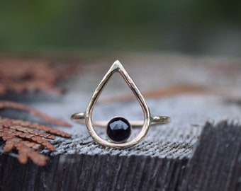 Teardrop Ring, Black Spinel, Gold Filled, Hammered, Geometric, Minimalist, Gift for Her, Women's Rings