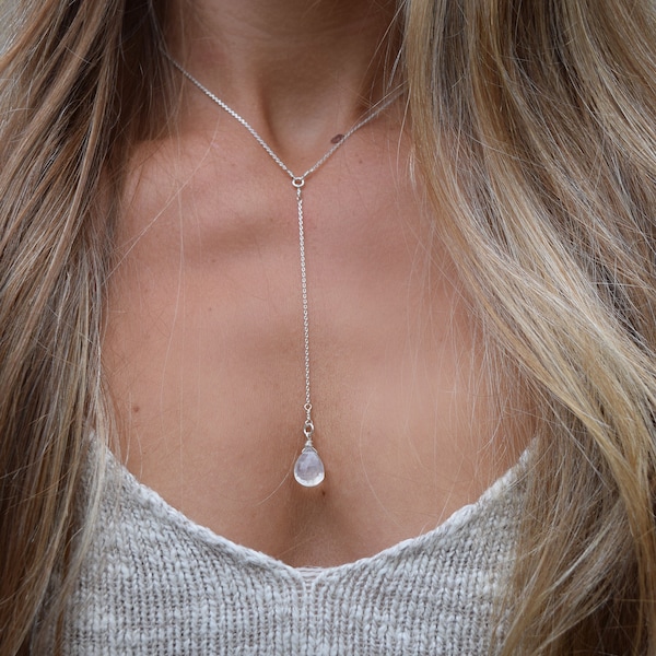 Dainty Lariat Necklace, Moonstone Drop, Iridescent Blue, Gift for her, Wedding jewelry, Women's Dainty Chain