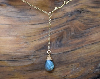 Labradorite Lariat, Y Necklace, Gold, Twig, Tree Branch, Nature Inspired, Wire Wrapped, Pendant, Gift for Her