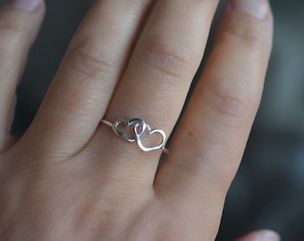 Heart Ring, Silver, Minimalist, Valentines Day Gift, Meaningful Gifts, Two Hearts, Anniversary, Women's Rings