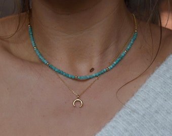 Amazonite Necklace, Set of Two, Gold Necklaces, Moon Charm, Dainty, Gift for Her, Minimalist Jewelry