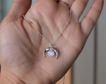 Crescent Moonstone Necklace, Silver Moon Necklace, Moonstone Necklaces, Sterling Silver, Gift for her, Dainty, Minimalist