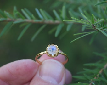 Rainbow Moonstone Ring, Gold, Gemstone Rings, Dainty, Hammered Band, Minimalist