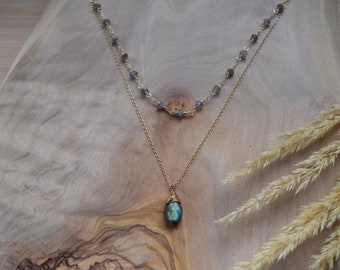 Labradorite Necklace Set, Handmade Chain, Gold Filled, Gemstone Necklaces, Minimalist Layering, Gift for Her, Dainty Jewelry