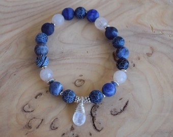 Agate Mala Bracelet, Blue Gemstone, Wire Wrapped, Moonstone Briolette, Gift for her, Meditation
