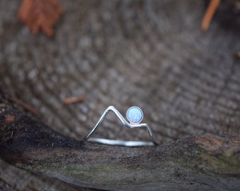 Opal Mountain Ring, Moon Over Mountains, Nature Inspired, Minimalist, Dainty, Sterling Silver