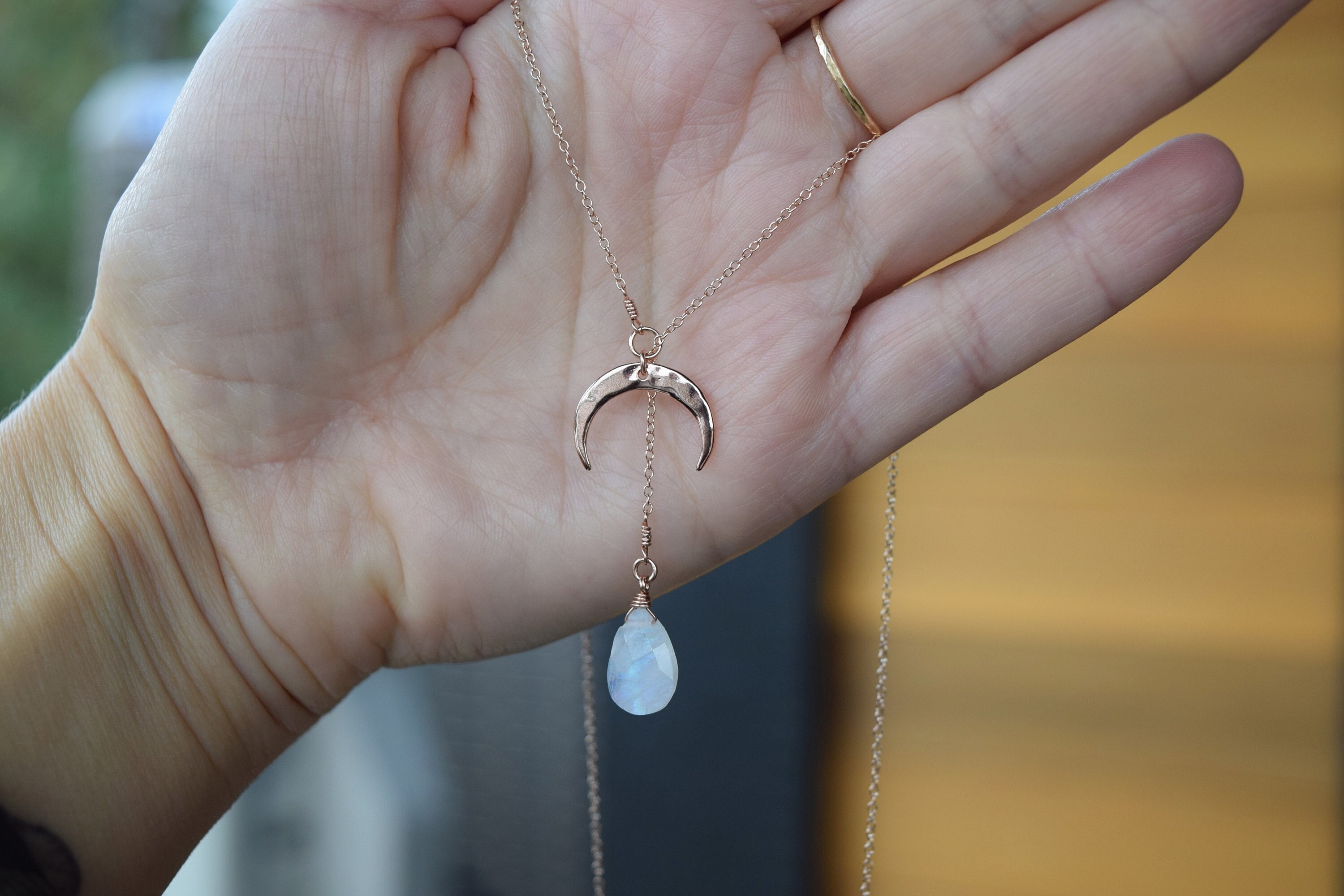 Moonstone Y Necklace Rose Gold Lariat Hammered Moon Wire Wrapped Elegant Dainty Gift for Her Etsy