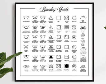 Wäscheführer Printable Quadrat Wäscheanleitung Print Kleidung Pflege Symbole Poster Wasch Symbole Kleidung Pflege Poster Waschküche Wand Dekor