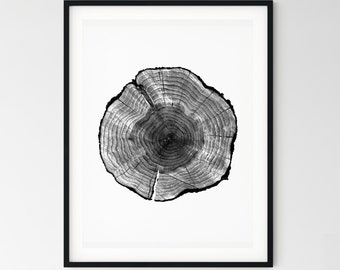Impresión artística de rodajas de madera, arte de pared en blanco y negro imprimible, impresiones minimalistas, anillos de árboles, arte, imprimibles modernos, cabaña, madera neutra, anillos de árboles