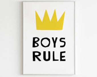 Modern Kids Art Print Printable Boys Rule Poster Toddler Boy Wall Decor Scandinavian Minimalist Kids Art Baby Boy Room Black Yellow Art