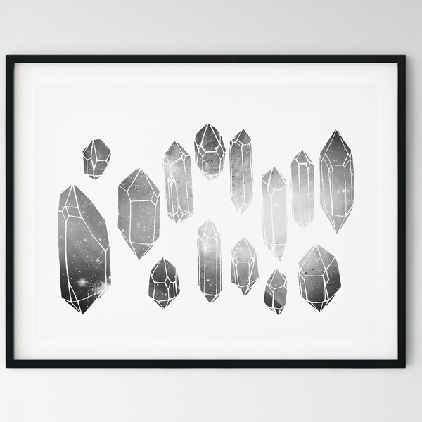 Impression d'art de cristaux de pierres précieuses, affiche imprimable, art mural minimaliste noir et blanc, illustration de minéraux druzy, décoration murale bohème céleste