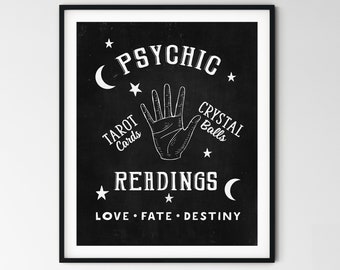 Lector psíquico Signo Quiromancia Arte Impresión Imprimible Adivino Póster Anuncio Retro Arte de pared Blanco y Negro Tarot Arte Mágico Minimalista