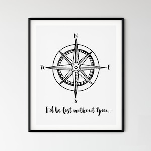 Typografie Print, INSTANT DOWNLOAD, Nautisches Kinderzimmer, I'd Be Lost without You, Zitat, Nautische Wanddekoration, DRUCKBARE, schwarz weiß, Kompass