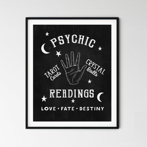 Psychic Reader Sign Palmistry Art Print Printable  Fortune Teller Poster Retro Advert Black White Wall Art Tarot Magic Art minimalist