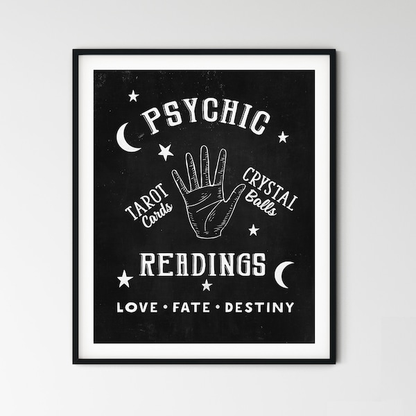 Signe de lecteur psychique impression d'art chiromancie imprimable diseuse de bonne aventure affiche annonce rétro art mural noir blanc art magique tarot art minimaliste