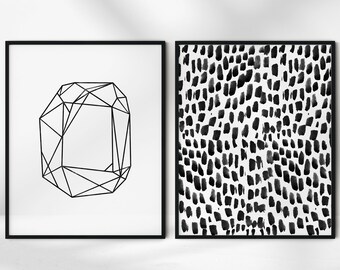 Minimalist Modern Printables Prints Art Pattern Line Art Print Pattern Set of 2, Black And White Wall Decor Brush Strokes Polka Dot Pattern