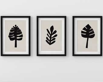 Botanical Prints Art Minimalist Printables Black And White Modern Scandinavian Prints Cut out Geometric Floral Art Set of 3 Modern
