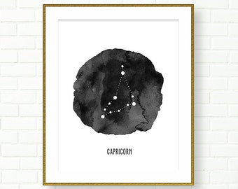 Capricorno, Segno Zodiacale, Oroscopo, Astrologia, STAMPABILE, Costellazione, Universo, Decorazione da parete in bianco e nero, Moderno, DOWNLOAD IMMEDIATO
