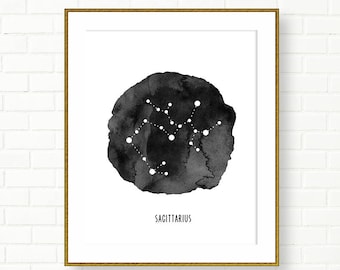 SAGITTARIUS, Zodiac Sign Print, Horoscope, Astrology, Printable, Constellation, Universe, Black White Wall Decor, Modern, INSTANT DOWNLOAD
