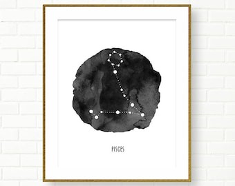 Pisces, Zodiac Sign Print, Horoscope, Astrology, PRINTABLE, Constellation, Universe, Black White Wall Decor, Modern, INSTANT DOWNLOAD